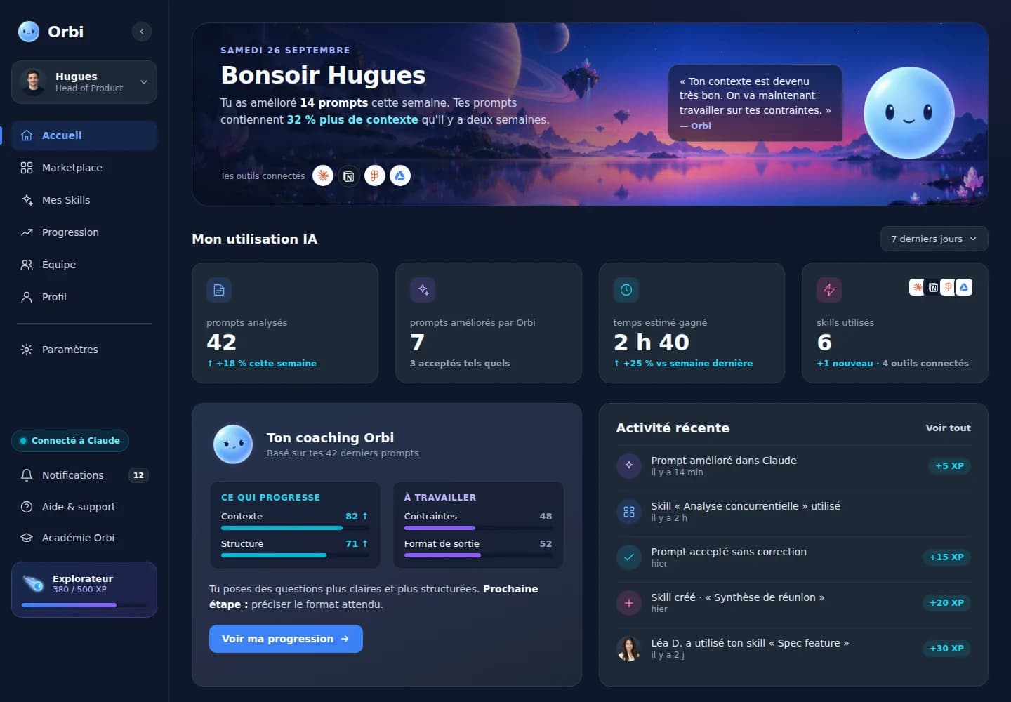 Orbi dashboard: home, AI usage, coaching and activity