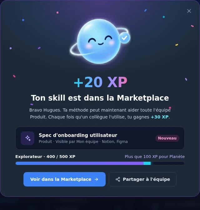 Celebration: skill published to the Marketplace, +20 XP